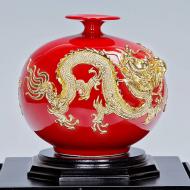 【双龙天地方圆花瓶】漆线雕中国红 陶瓷器 镶金箔 结婚礼品家居工艺品摆件 16cm